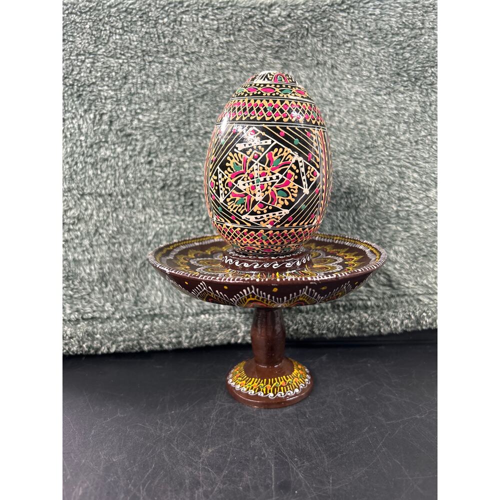 Ukrainian Wooden Egg With Stand Hand Painted UV Reactive
